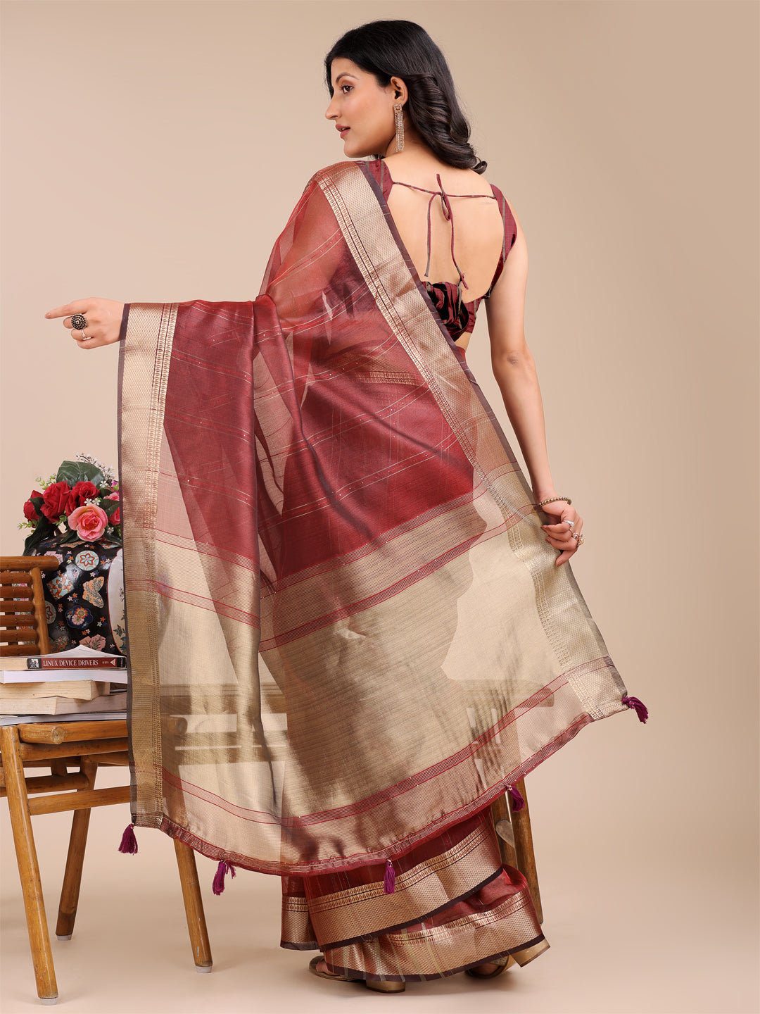 Maroon Colour Organza Saree  Weaving Work With Blouse Piece