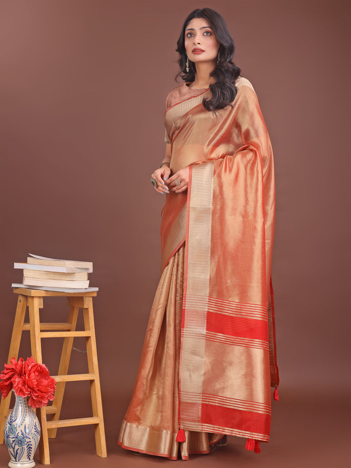 Orange Colour Organza Saree Weaving Work With Blouse Piece