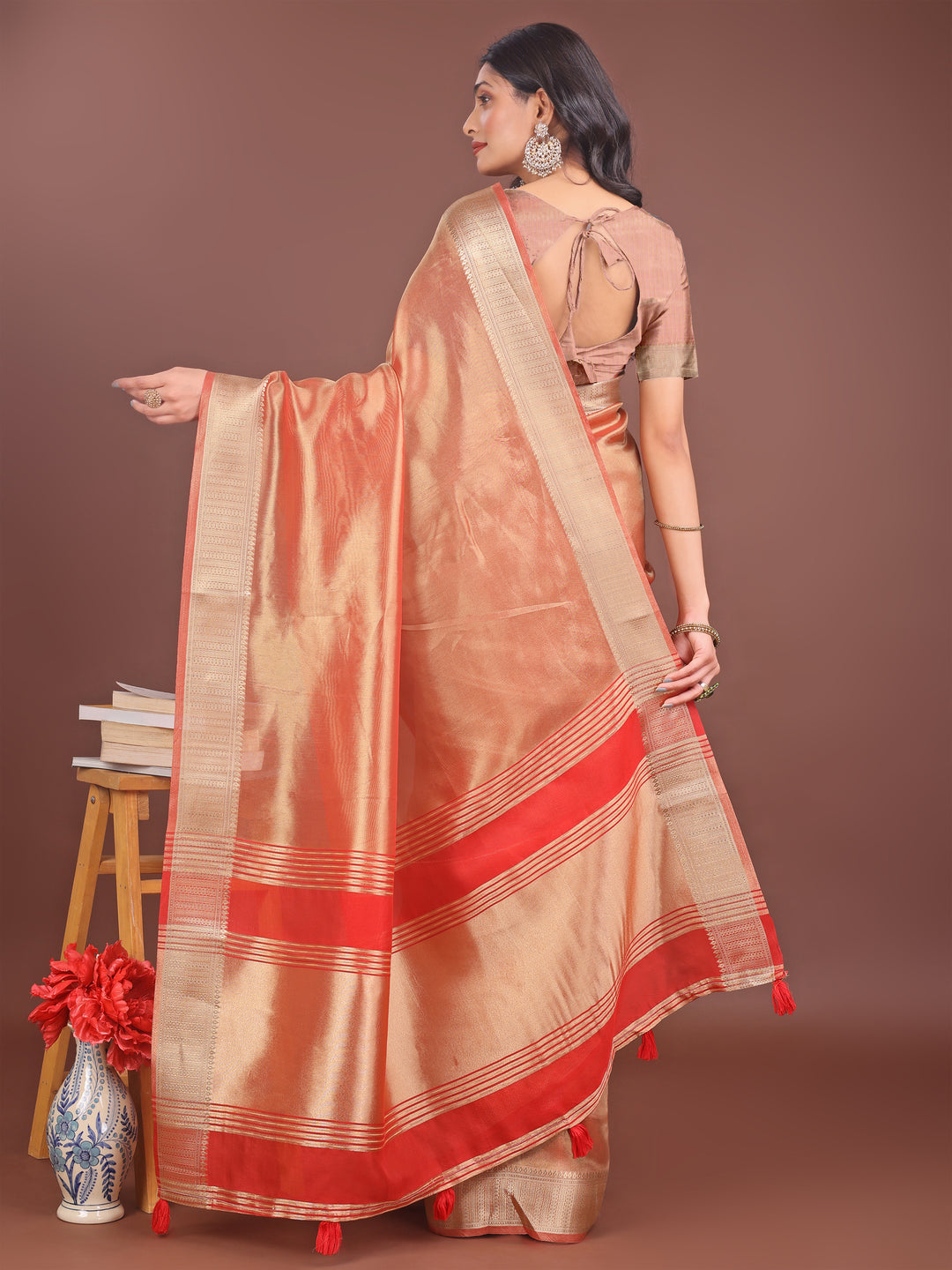 Orange Colour Organza Saree Weaving Work With Blouse Piece