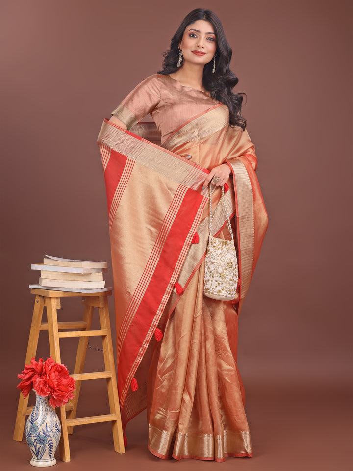 Orange Colour Organza Saree Weaving Work With Blouse Piece