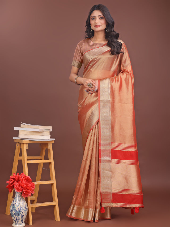 Orange Colour Organza Saree Weaving Work With Blouse Piece