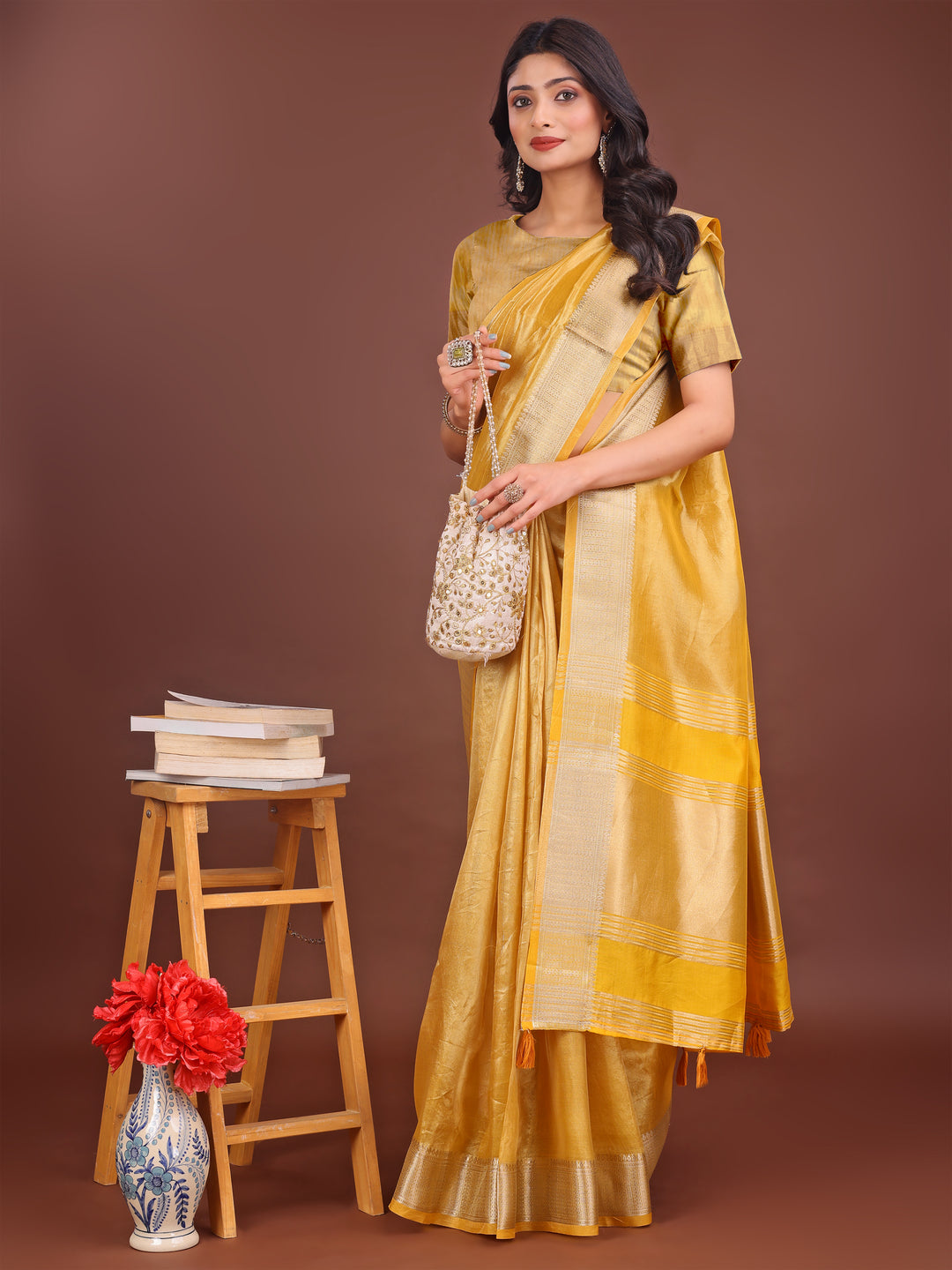 Yellow Colour Organza Saree Weaving Work With Blouse Piece