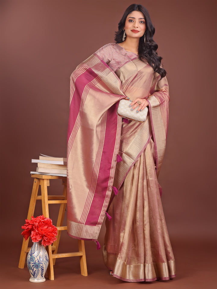 Light Pink Colour Organza Saree Weaving Work With Blouse Piece
