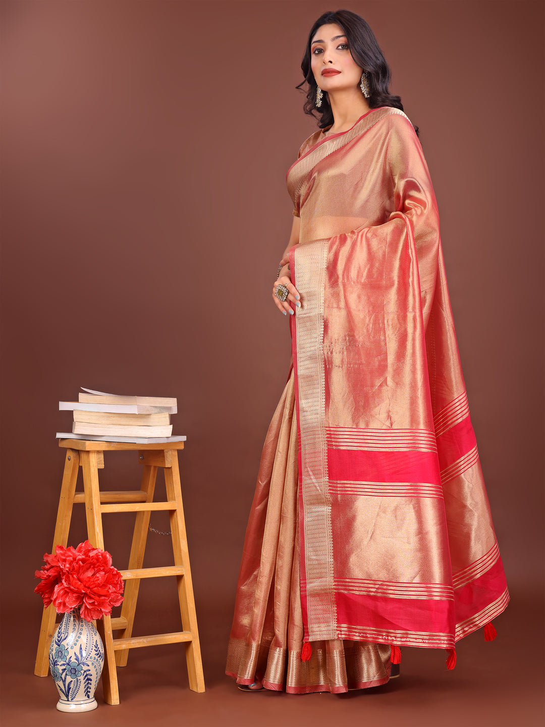 Orange Colour Organza Saree Weaving Work With Blouse Piece