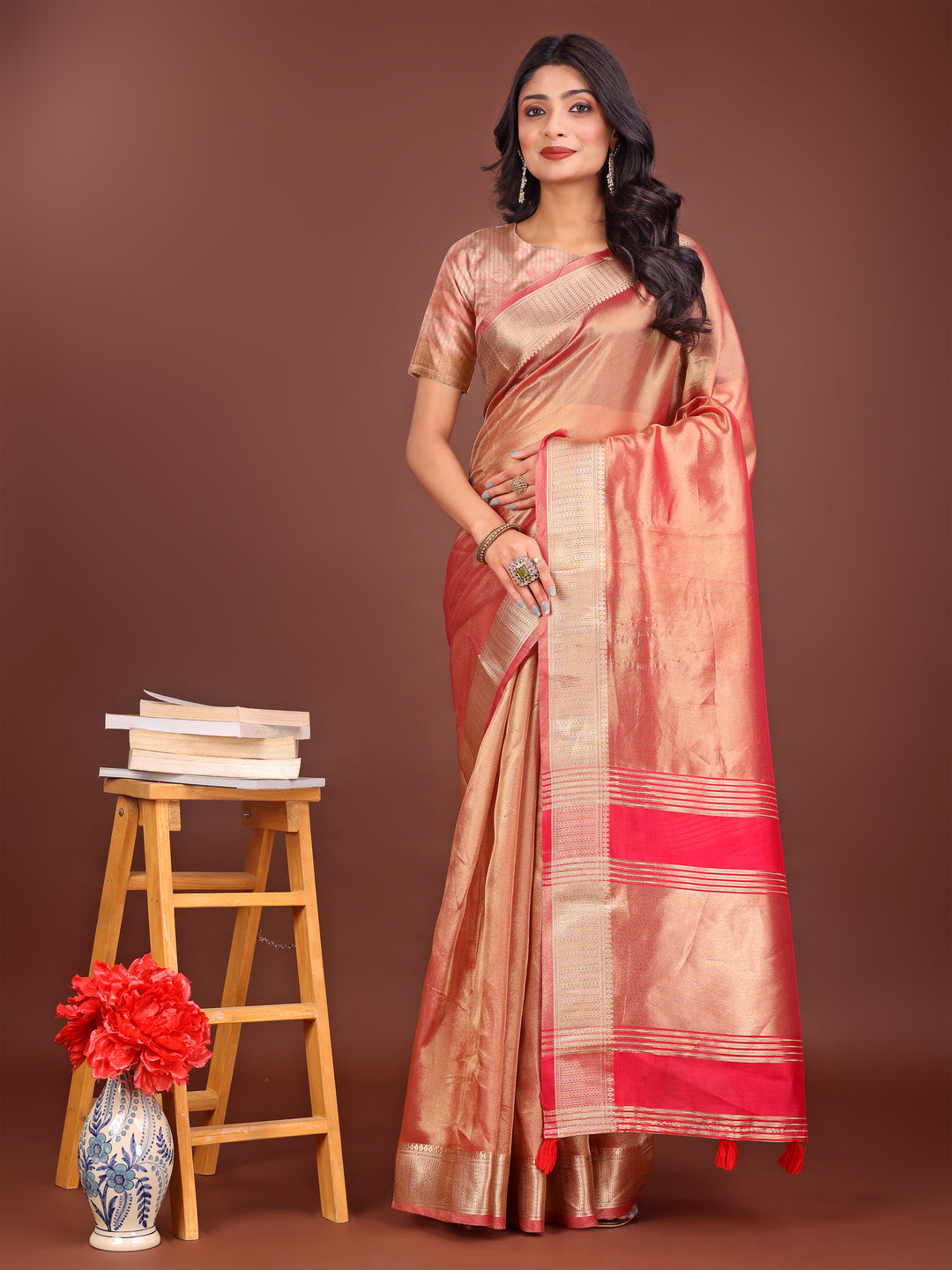Orange Colour Organza Saree Weaving Work With Blouse Piece