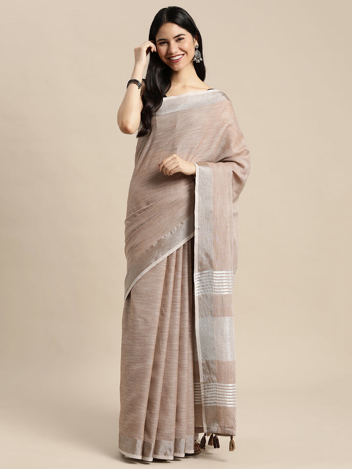 Beige Colour Linen Cotton Printed Work Saree With Blouse Piece
