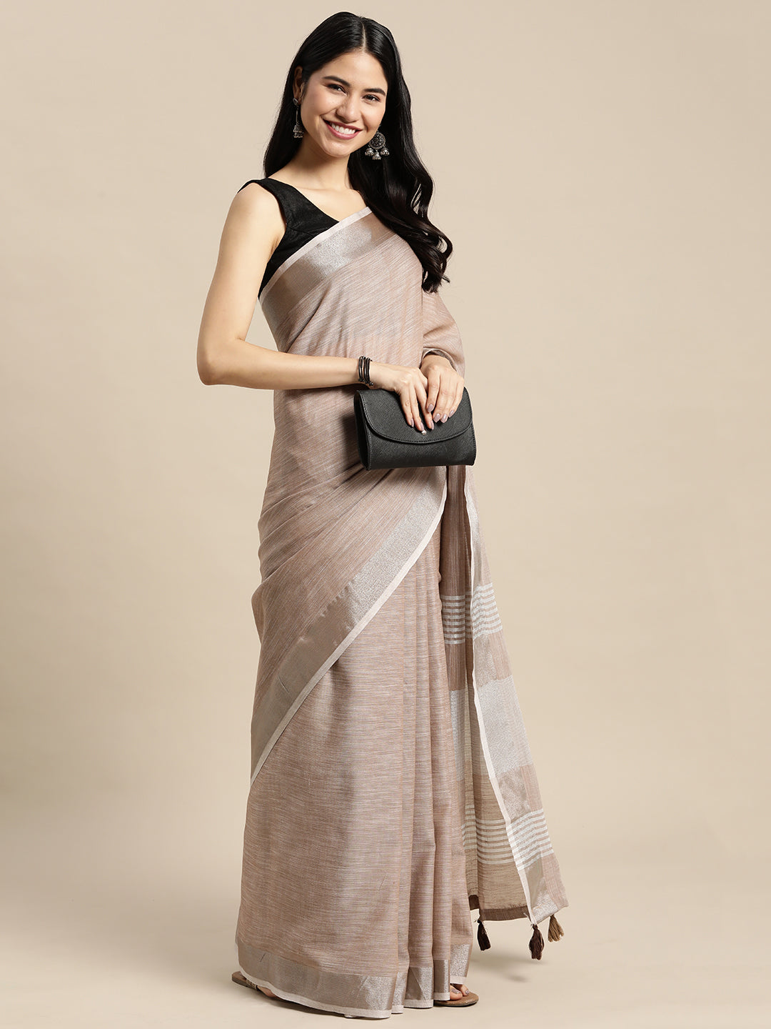 Beige Colour Linen Cotton Printed Work Saree With Blouse Piece