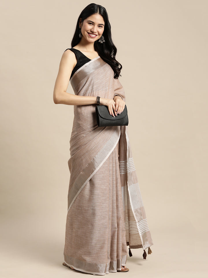 Beige Colour Linen Cotton Printed Work Saree With Blouse Piece