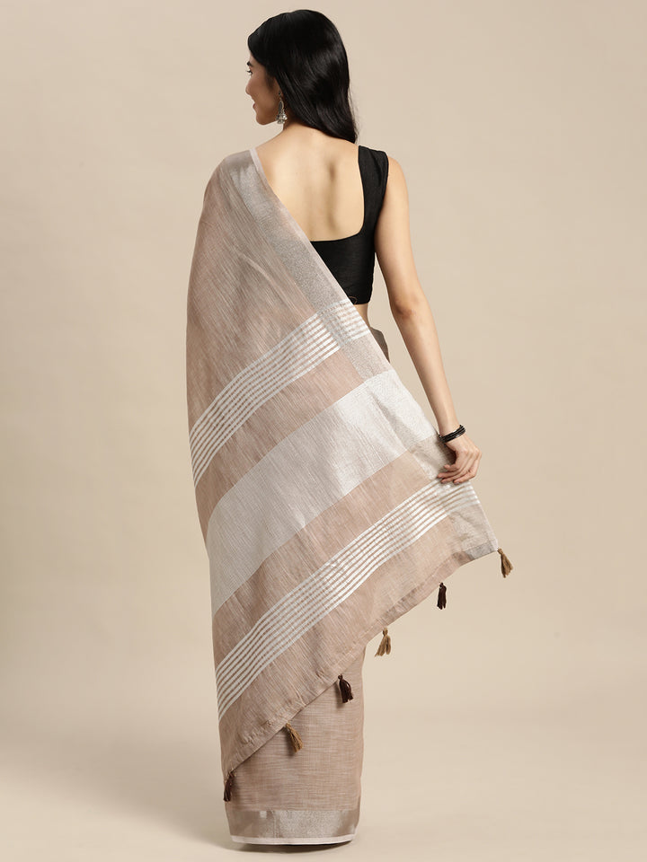 Beige Colour Linen Cotton Printed Work Saree With Blouse Piece