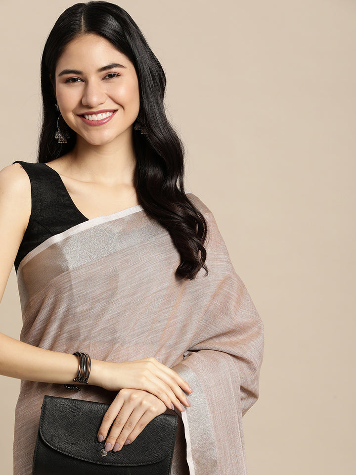 Beige Colour Linen Cotton Printed Work Saree With Blouse Piece