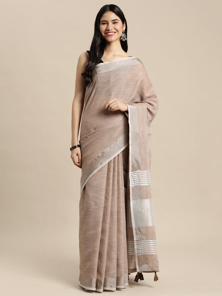 Beige Colour Linen Cotton Printed Work Saree With Blouse Piece