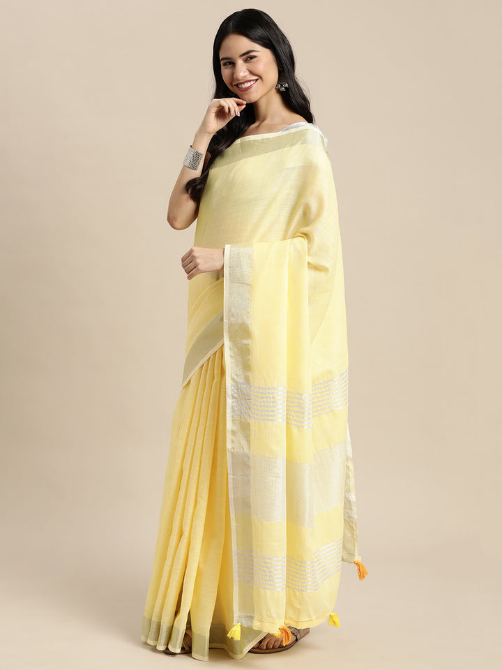Yellow Colour Linen Cotton Printed Work Saree With Blouse Piece