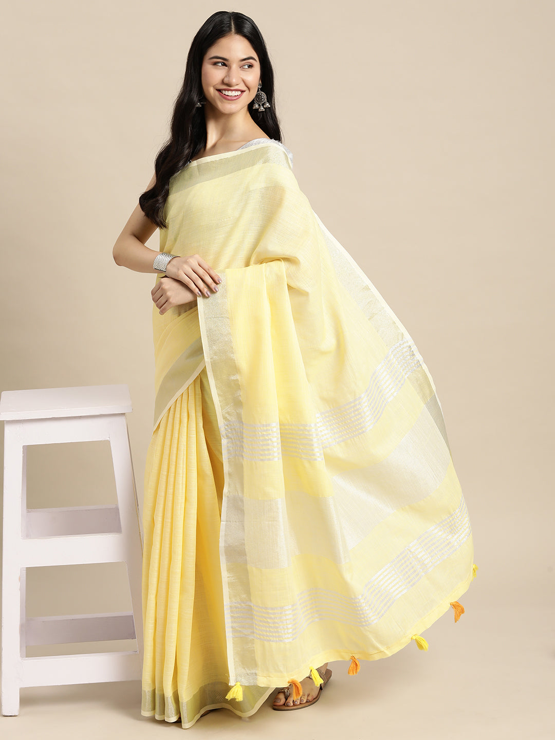 Yellow Colour Linen Cotton Printed Work Saree With Blouse Piece