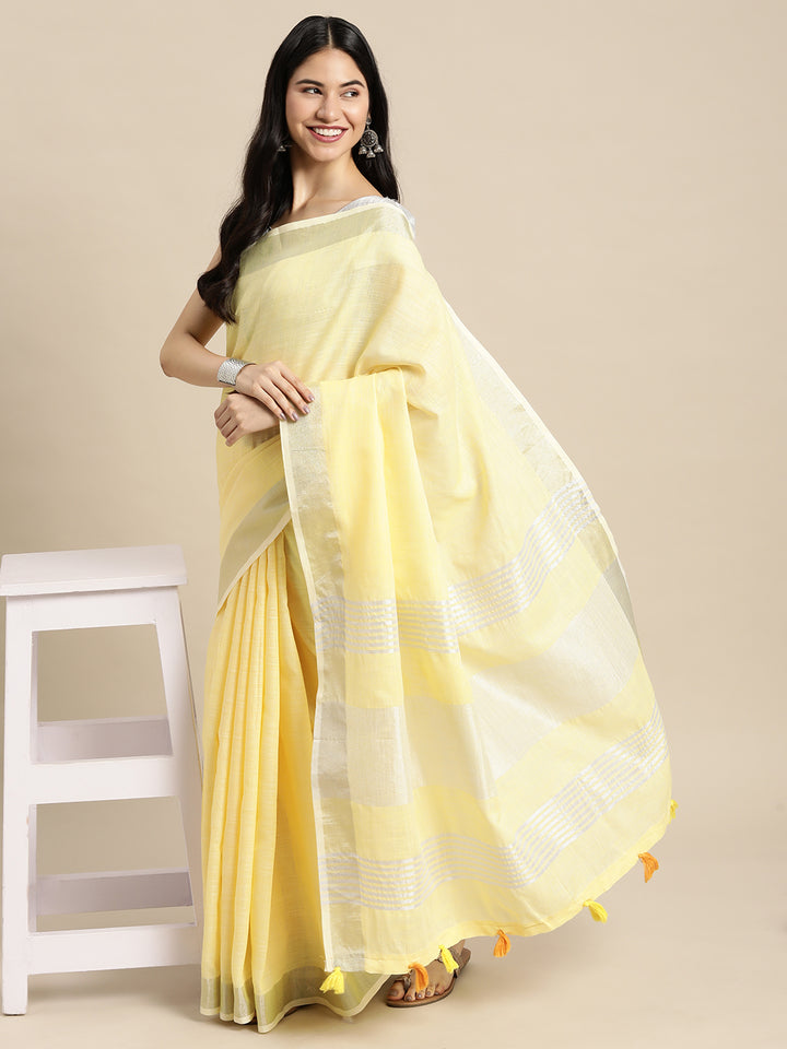 Yellow Colour Linen Cotton Printed Work Saree With Blouse Piece