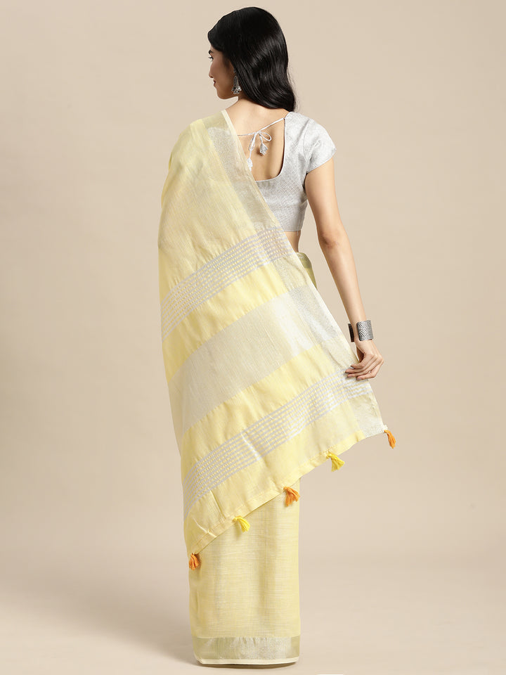 Yellow Colour Linen Cotton Printed Work Saree With Blouse Piece