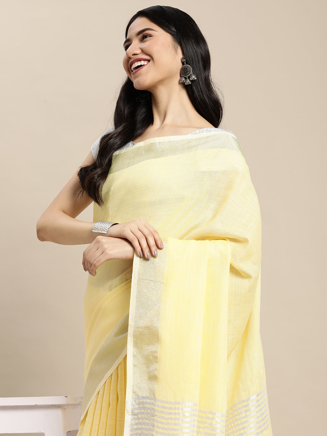 Yellow Colour Linen Cotton Printed Work Saree With Blouse Piece