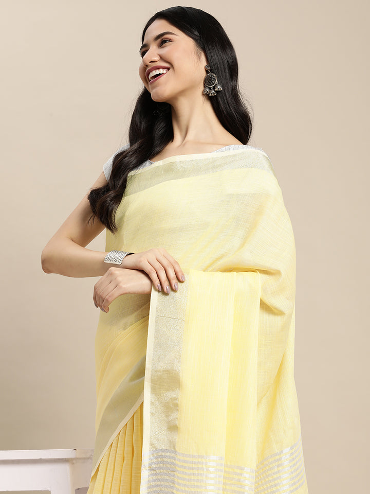 Yellow Colour Linen Cotton Printed Work Saree With Blouse Piece