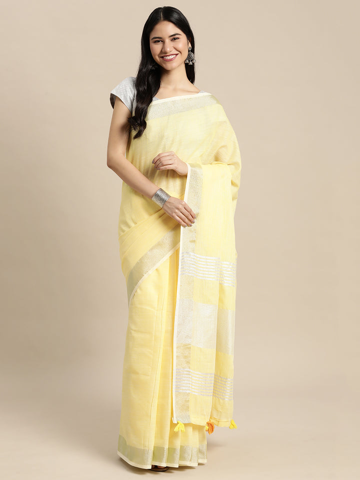 Yellow Colour Linen Cotton Printed Work Saree With Blouse Piece