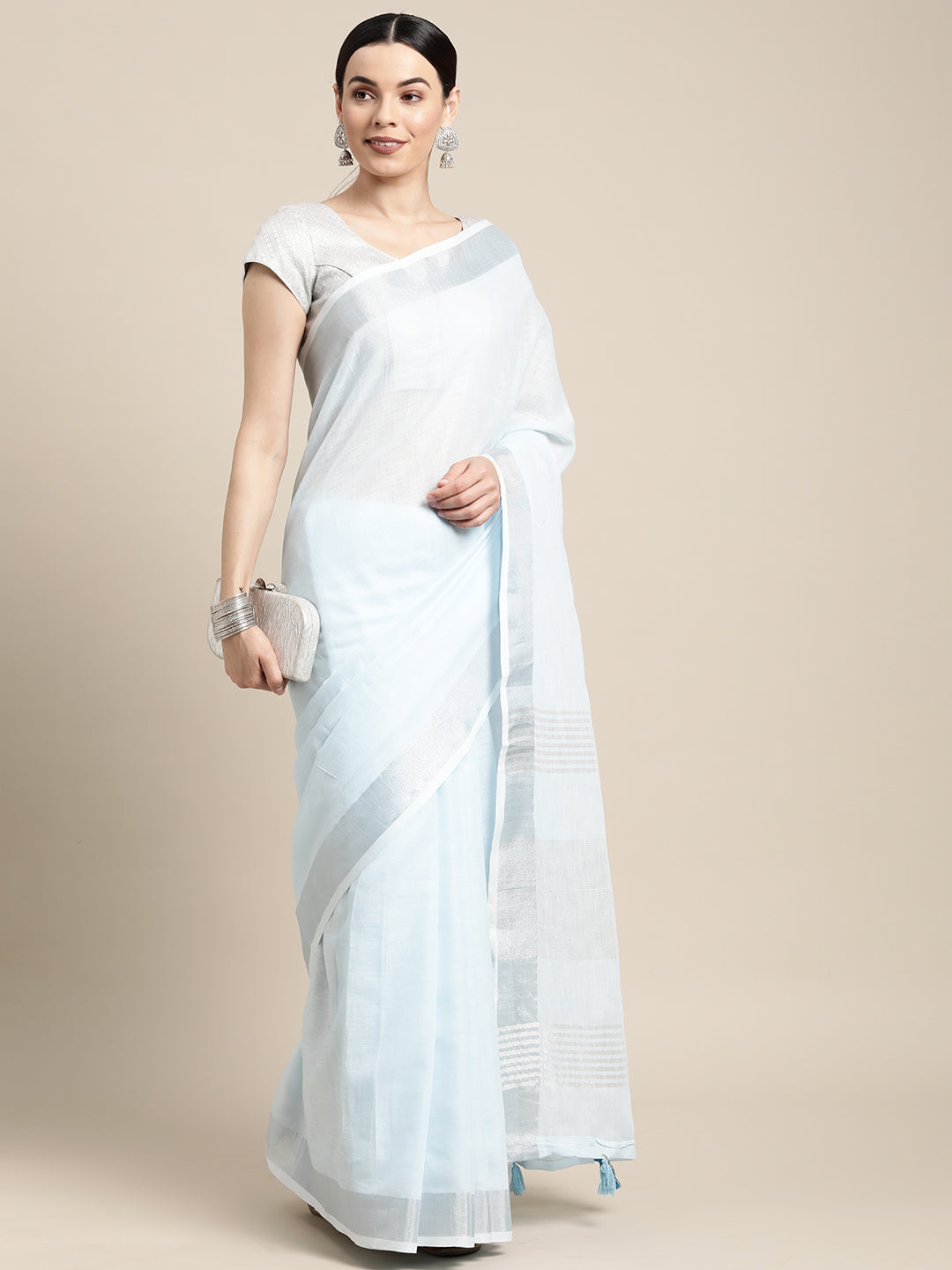 Sky Blue Colour Linen Cotton Printed Work Saree With Blouse Piece