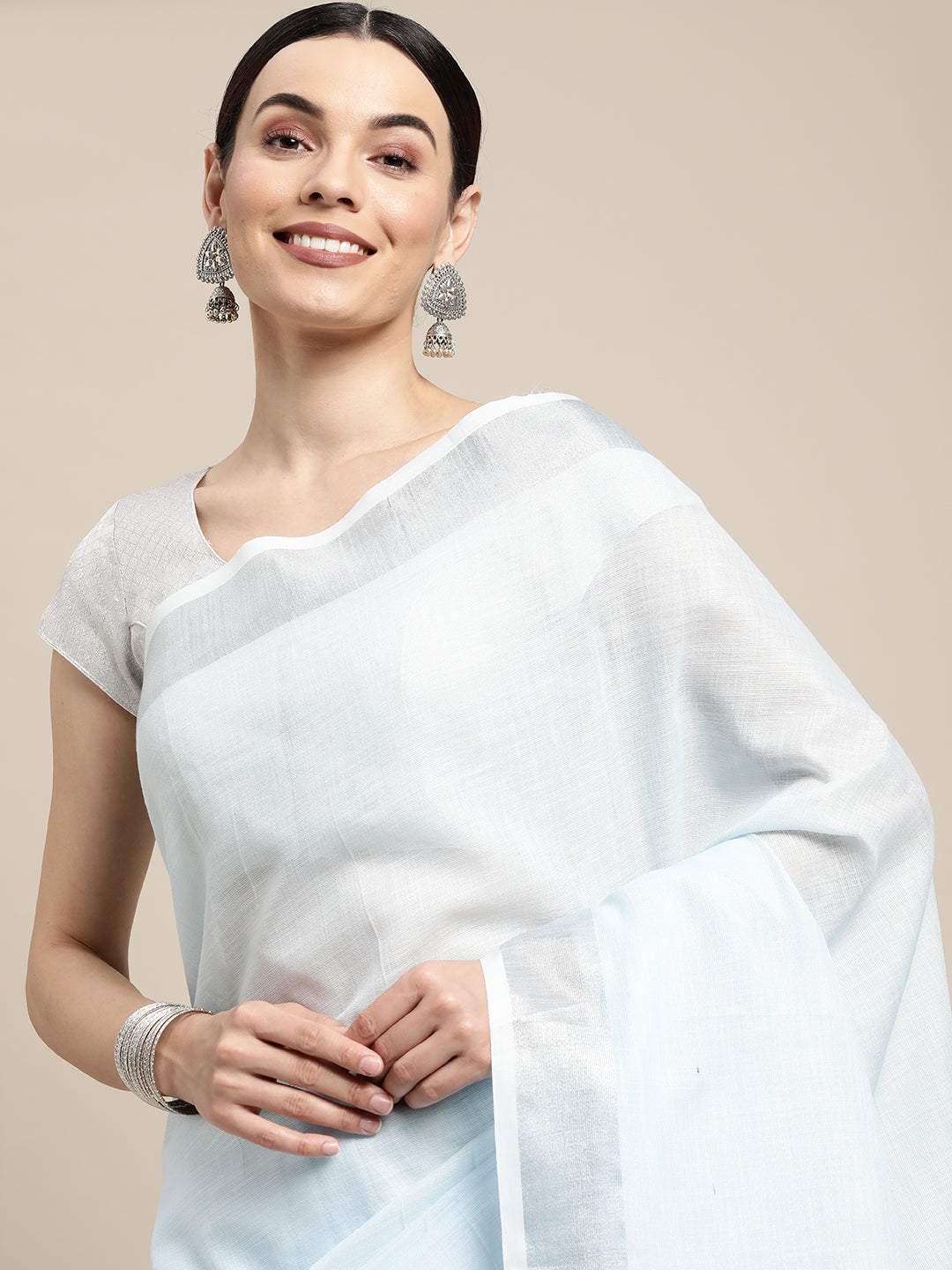 Sky Blue Colour Linen Cotton Printed Work Saree With Blouse Piece