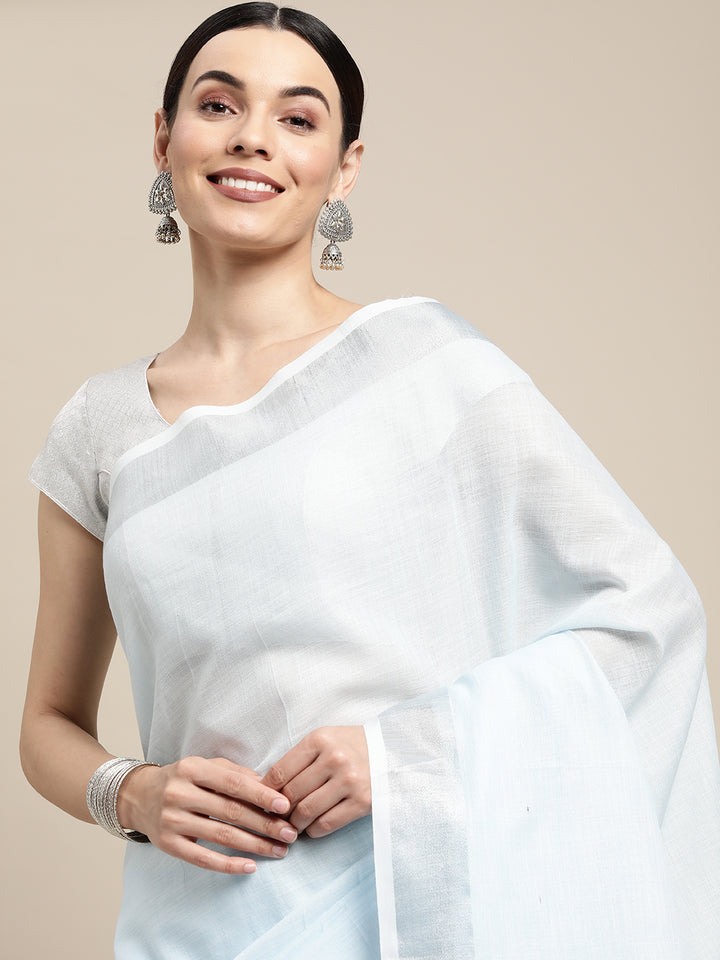 Sky Blue Colour Linen Cotton Printed Work Saree With Blouse Piece