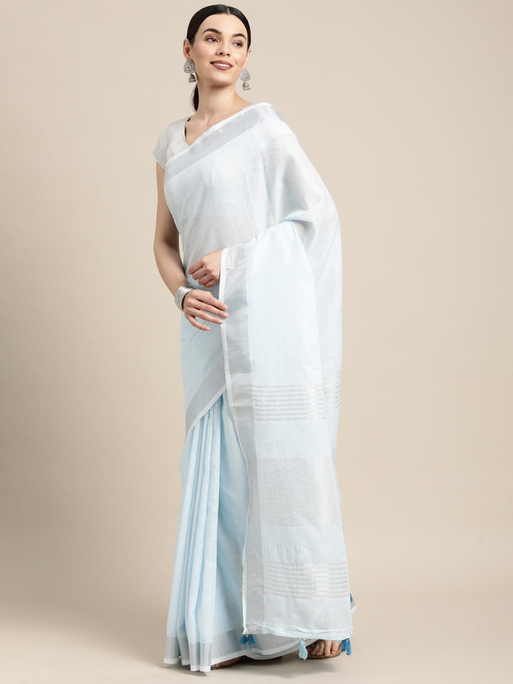 Sky Blue Colour Linen Cotton Printed Work Saree With Blouse Piece