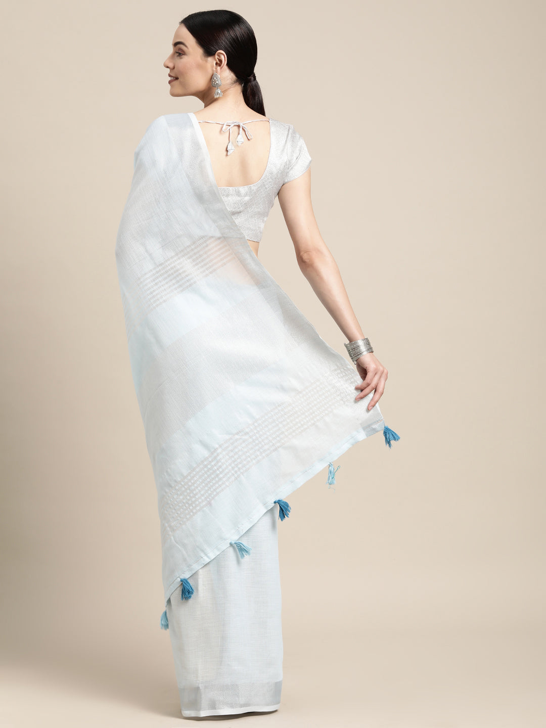 Sky Blue Colour Linen Cotton Printed Work Saree With Blouse Piece