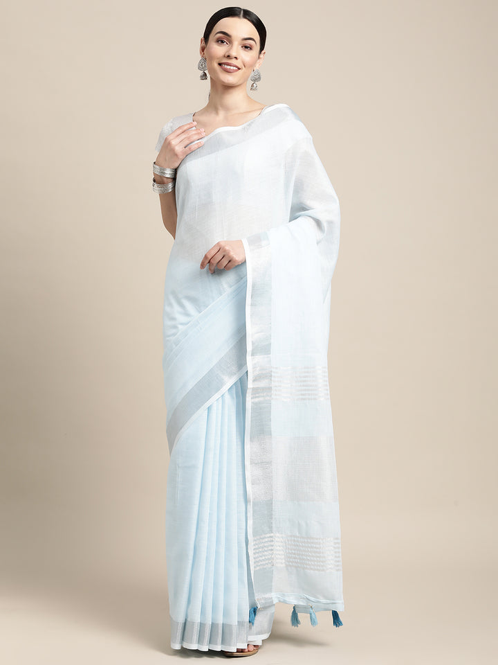 Sky Blue Colour Linen Cotton Printed Work Saree With Blouse Piece