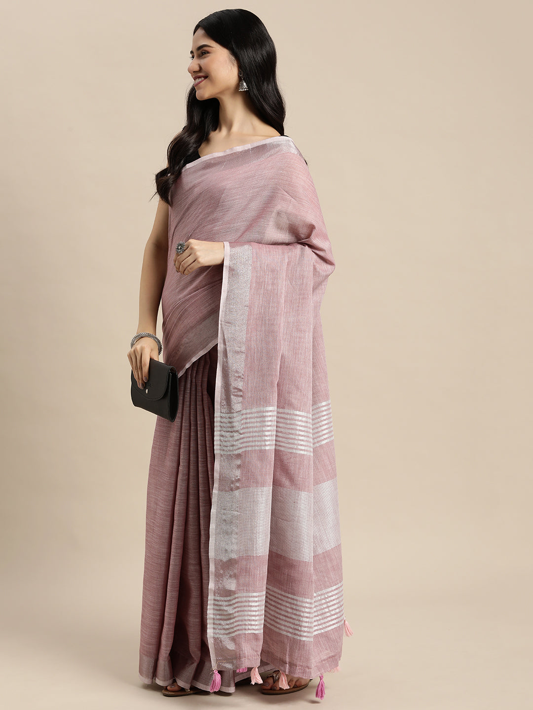 Purple Colour Linen Cotton Printed Work Saree With Blouse Piece