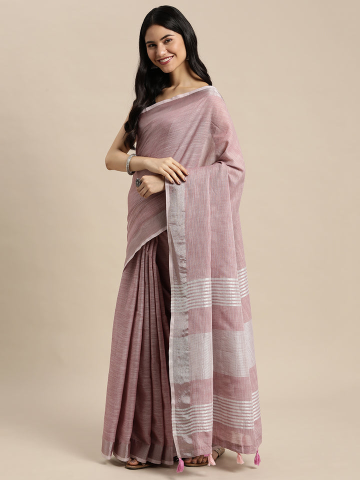 Purple Colour Linen Cotton Printed Work Saree With Blouse Piece