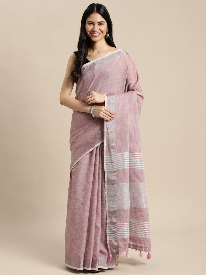 Purple Colour Linen Cotton Printed Work Saree With Blouse Piece