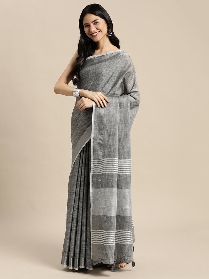 Dark Gray Colour Linen Cotton Printed Work Saree With Blouse Piece