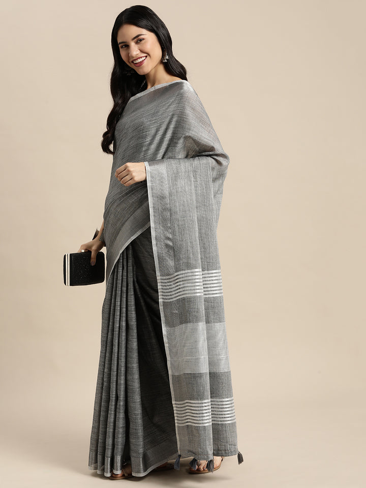Dark Gray Colour Linen Cotton Printed Work Saree With Blouse Piece