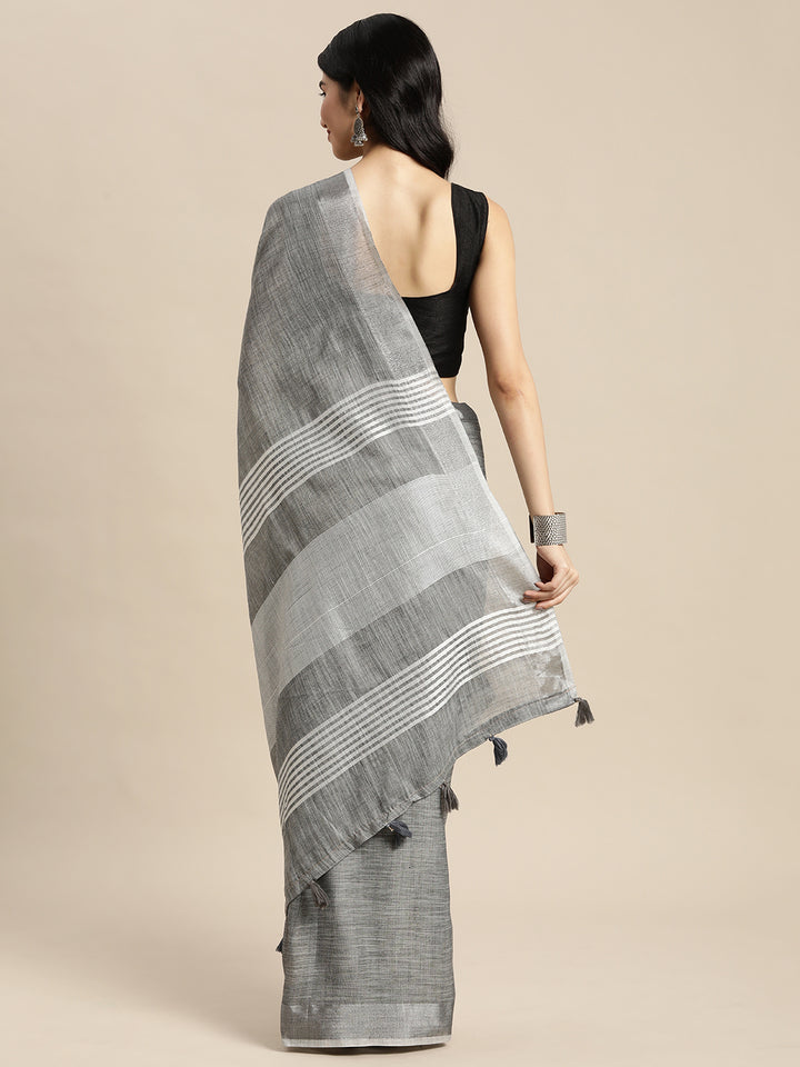 Dark Gray Colour Linen Cotton Printed Work Saree With Blouse Piece
