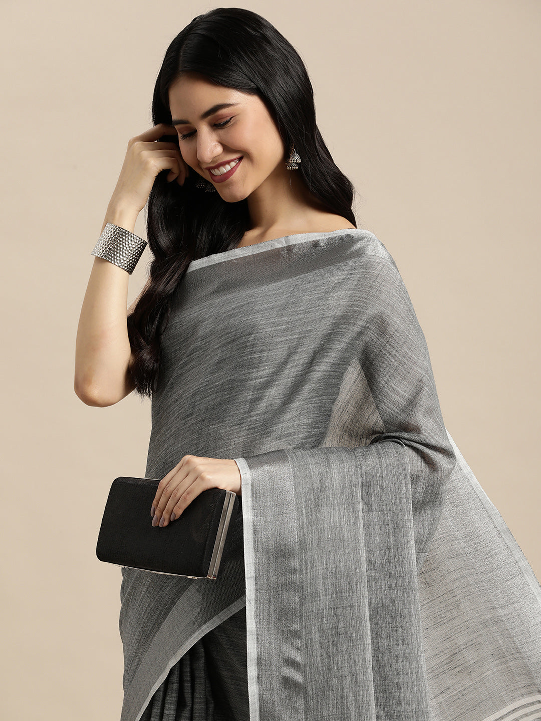 Dark Gray Colour Linen Cotton Printed Work Saree With Blouse Piece