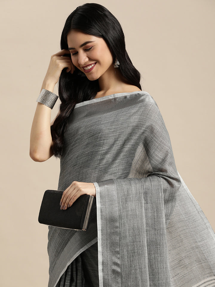 Dark Gray Colour Linen Cotton Printed Work Saree With Blouse Piece