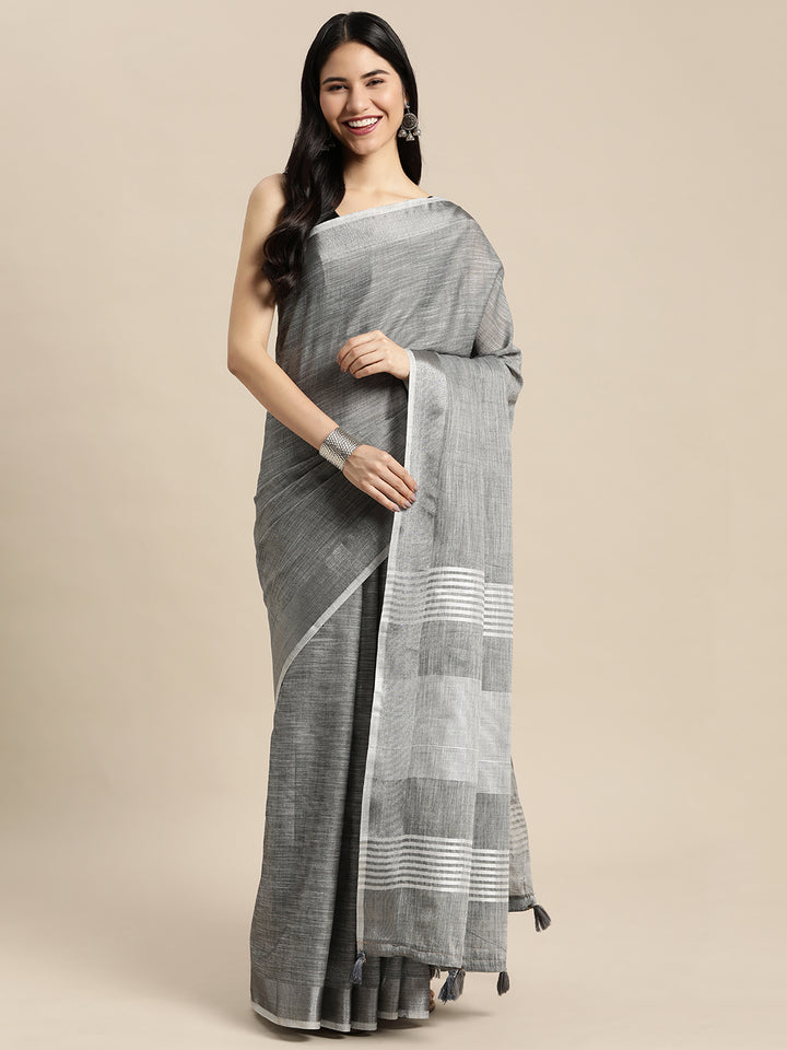Dark Gray Colour Linen Cotton Printed Work Saree With Blouse Piece