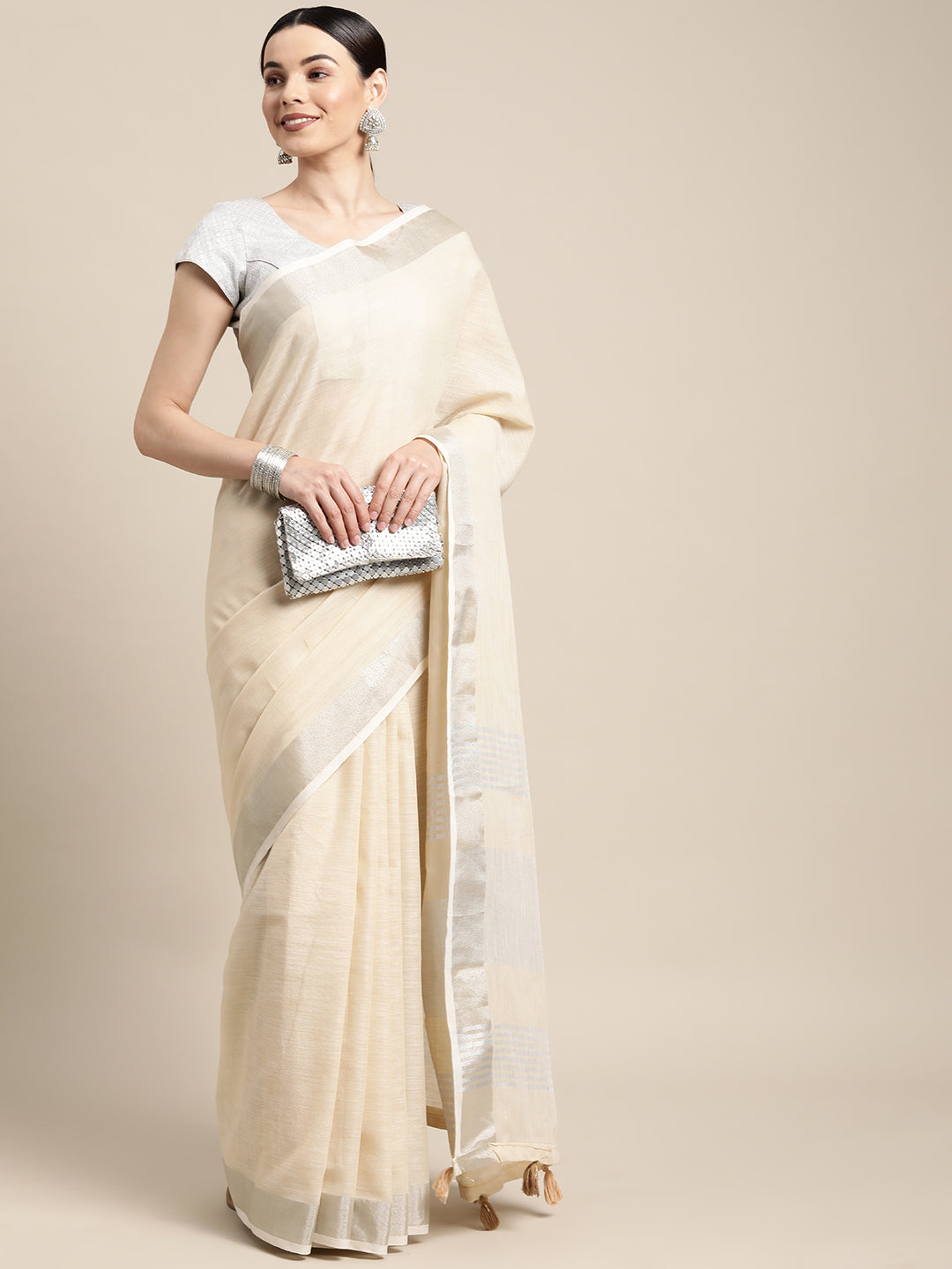 Cream Colour Linen Cotton Printed Work Saree With Blouse Piece