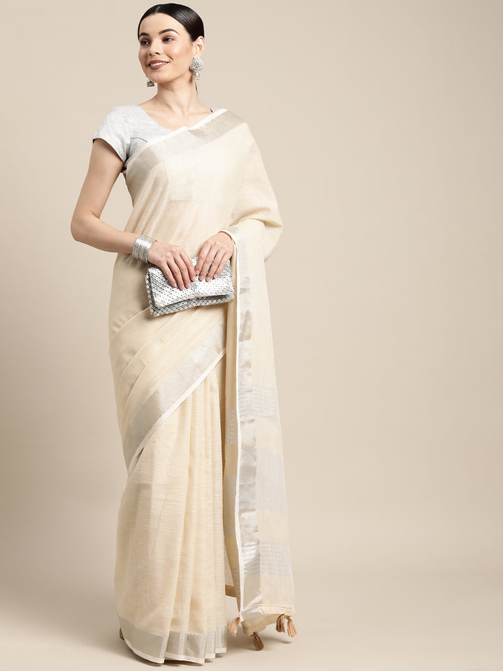 Cream Colour Linen Cotton Printed Work Saree With Blouse Piece