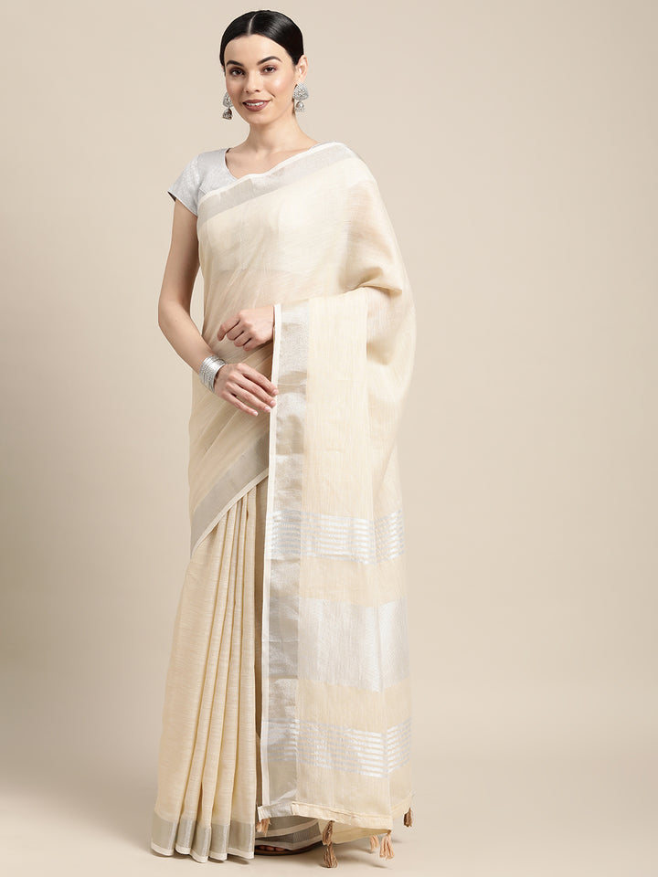 Cream Colour Linen Cotton Printed Work Saree With Blouse Piece