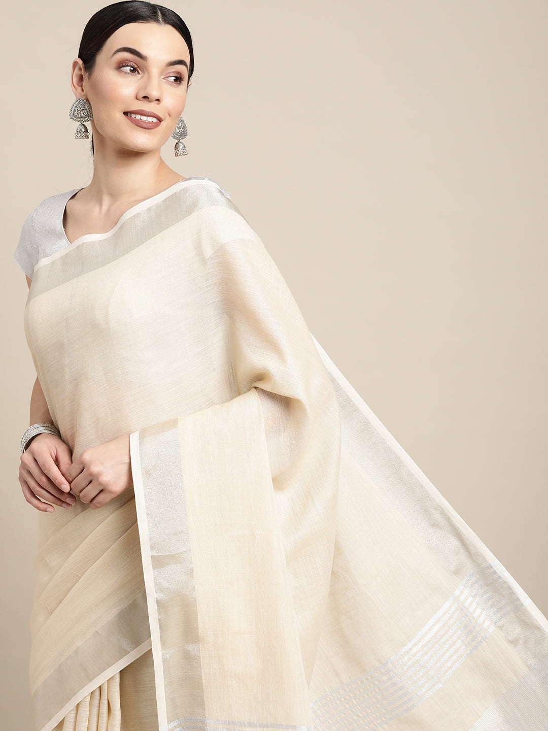 Cream Colour Linen Cotton Printed Work Saree With Blouse Piece