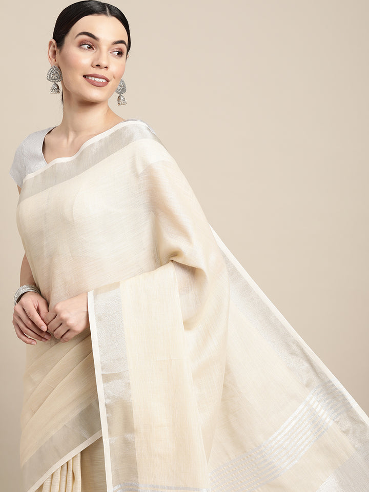 Cream Colour Linen Cotton Printed Work Saree With Blouse Piece