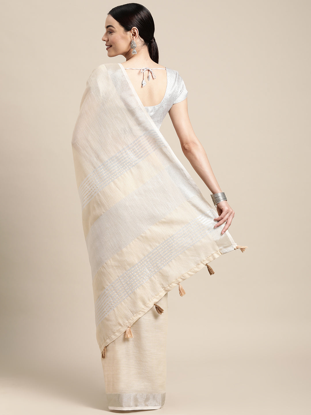 Cream Colour Linen Cotton Printed Work Saree With Blouse Piece