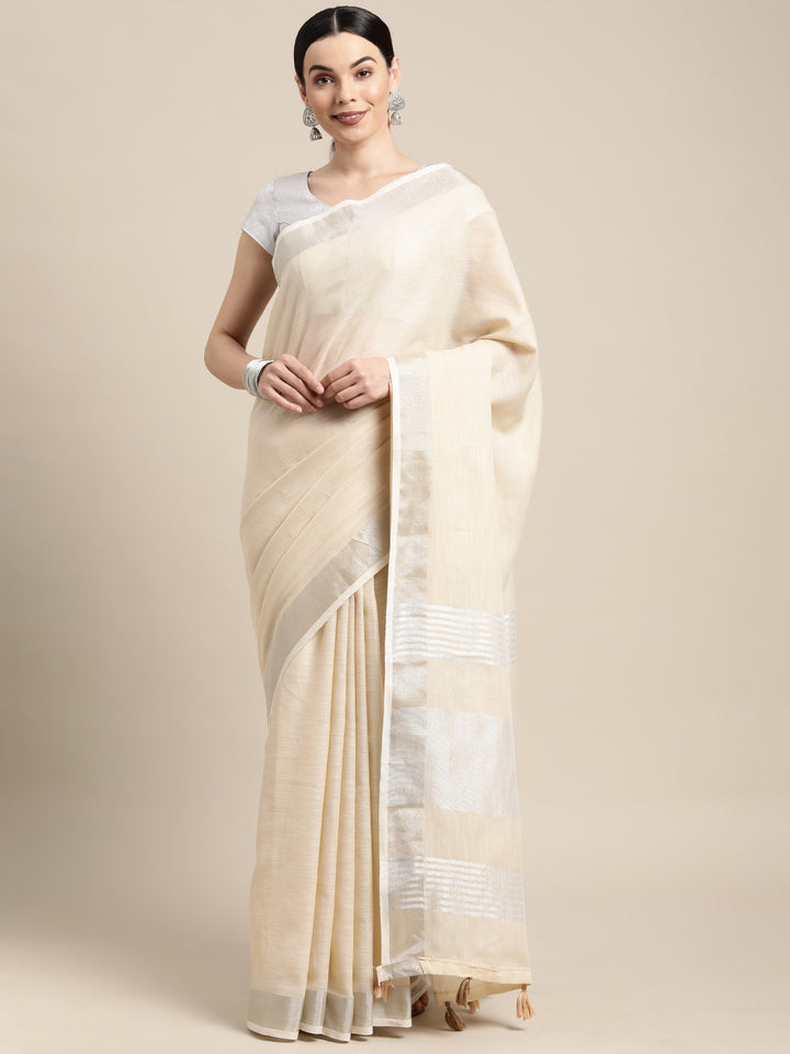 Cream Colour Linen Cotton Printed Work Saree With Blouse Piece