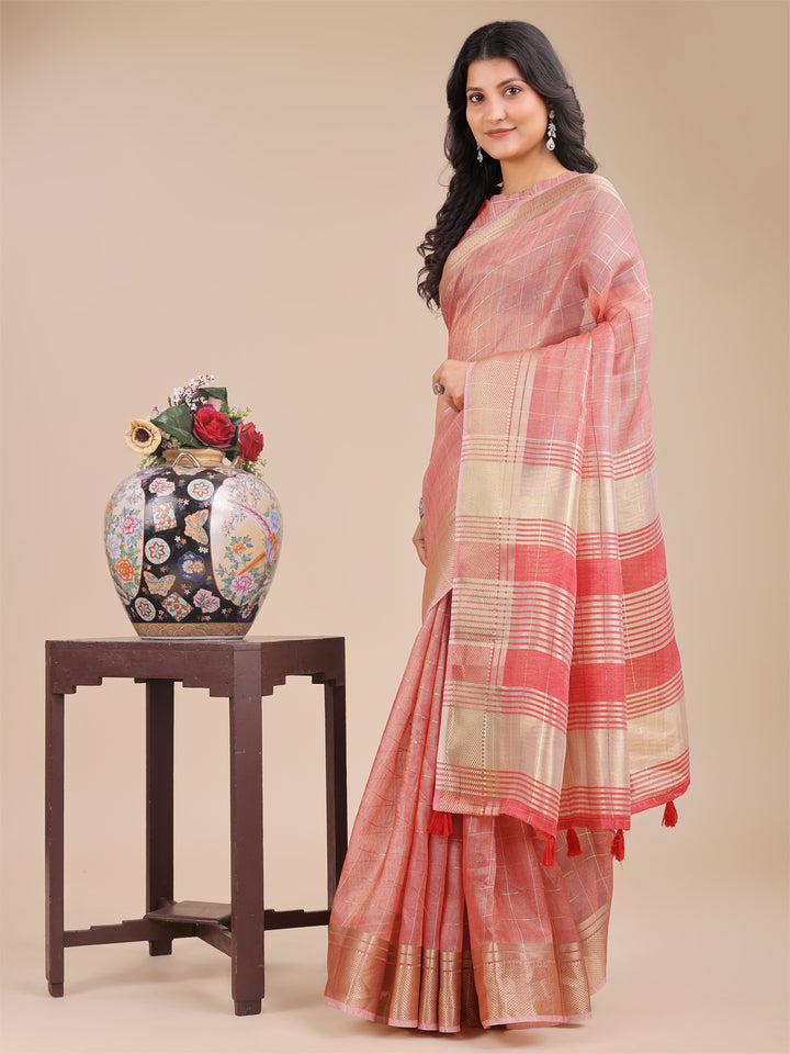Peach Colour Organza Saree Weaving Work With Blouse Piece