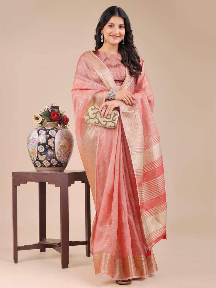 Peach Colour Organza Saree Weaving Work With Blouse Piece