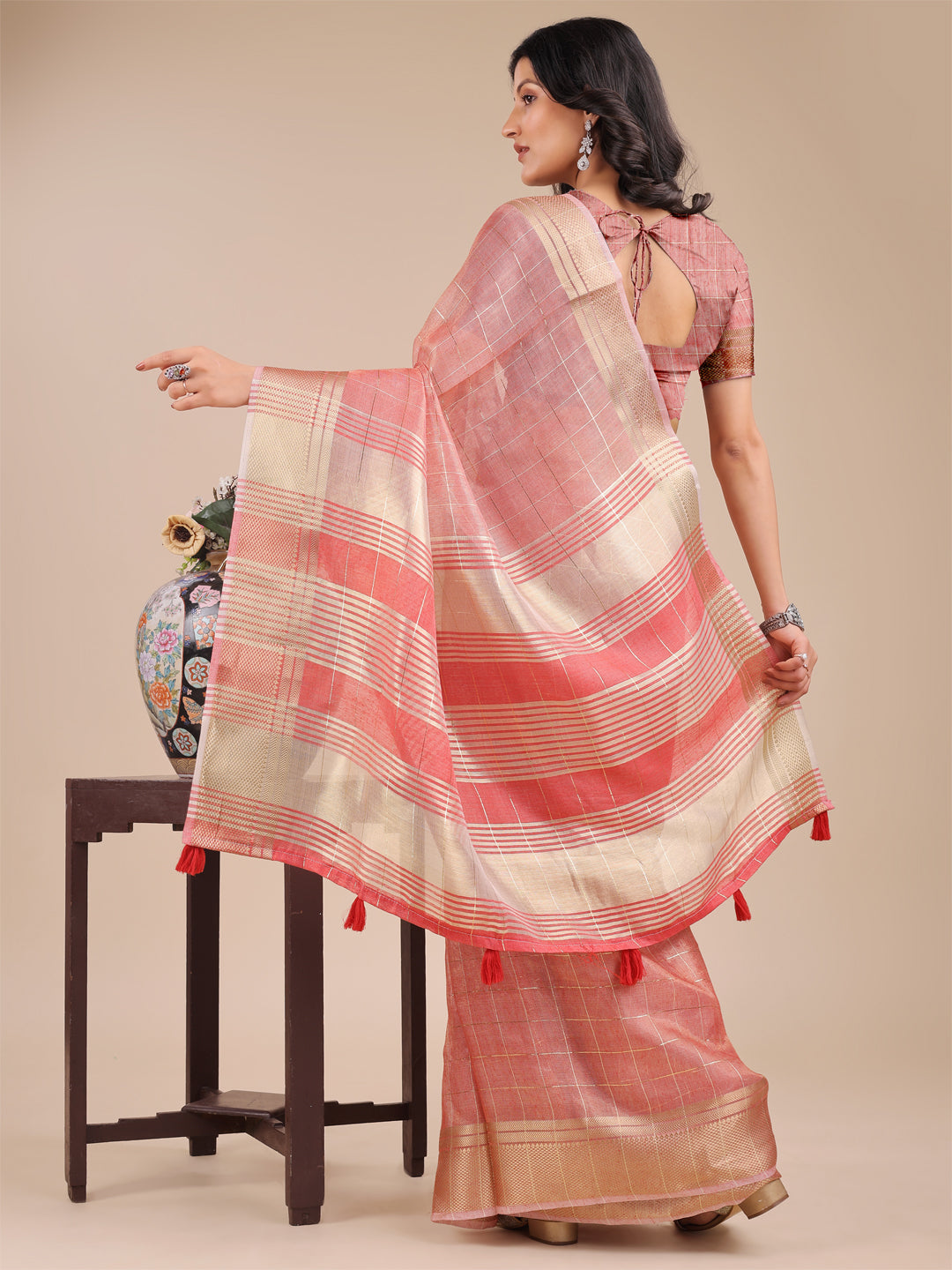 Peach Colour Organza Saree Weaving Work With Blouse Piece