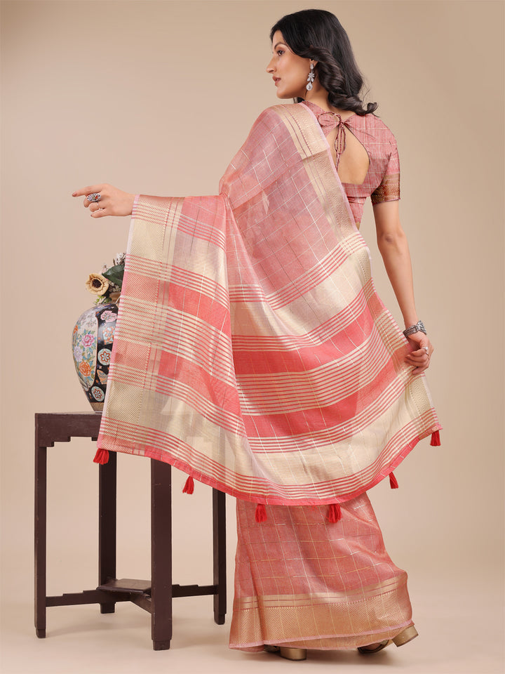 Peach Colour Organza Saree Weaving Work With Blouse Piece