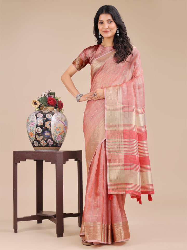 Peach Colour Organza Saree Weaving Work With Blouse Piece
