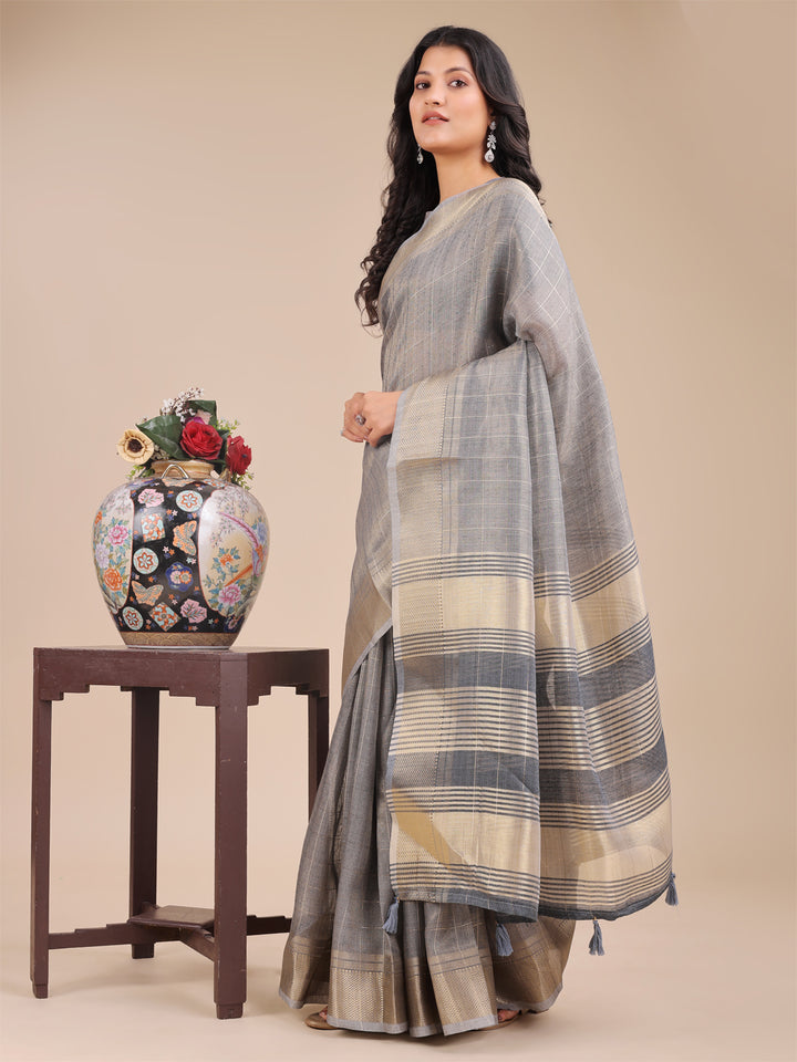 Gray Colour Organza Saree Weaving Work With Blouse Piece